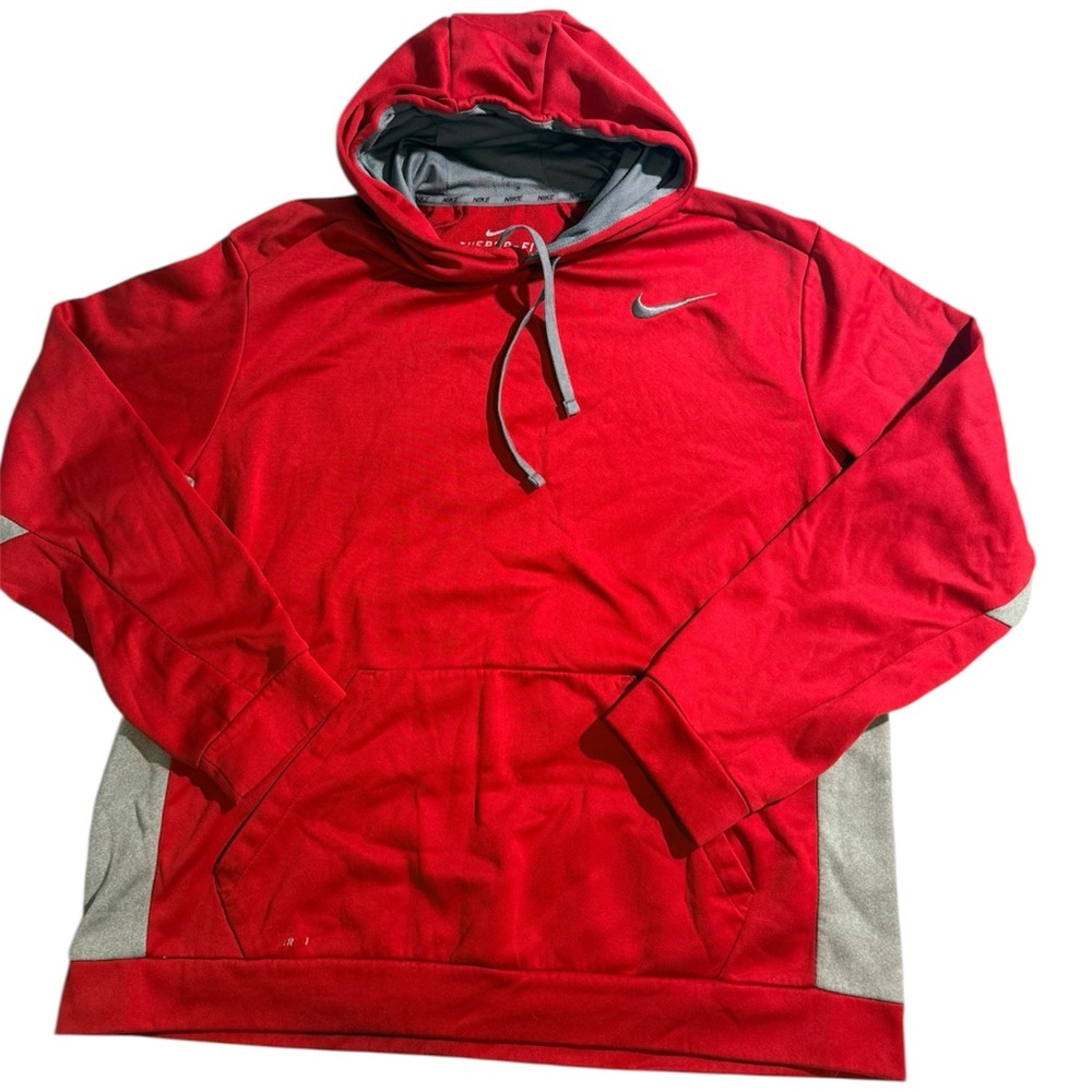 Nike Therma Fit Hoodie XXL Red Gray Pullover Sweatshirt Athletic Swoosh Mens